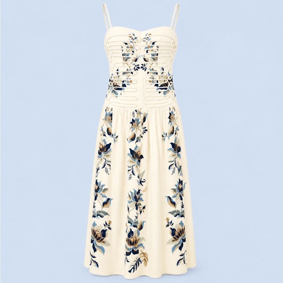 FARM Rio Dresses & Skirts - Farm Rio Mystic Blue Lotus Dreamscape Midi Dress-M-Corded Sweetheart Bodice
